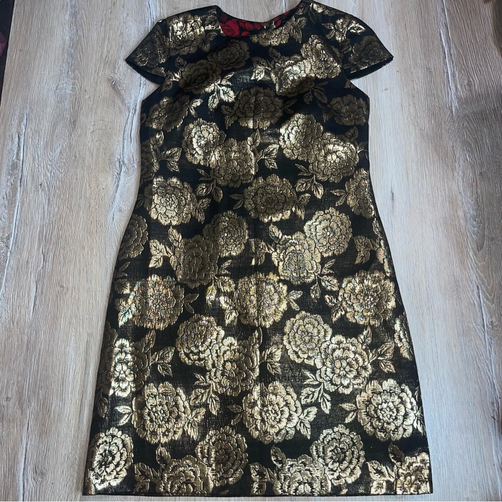 Sam Edelman Women's 8 Floral Embroidered Cap Sleeve Midi Dress Black Gold Glam